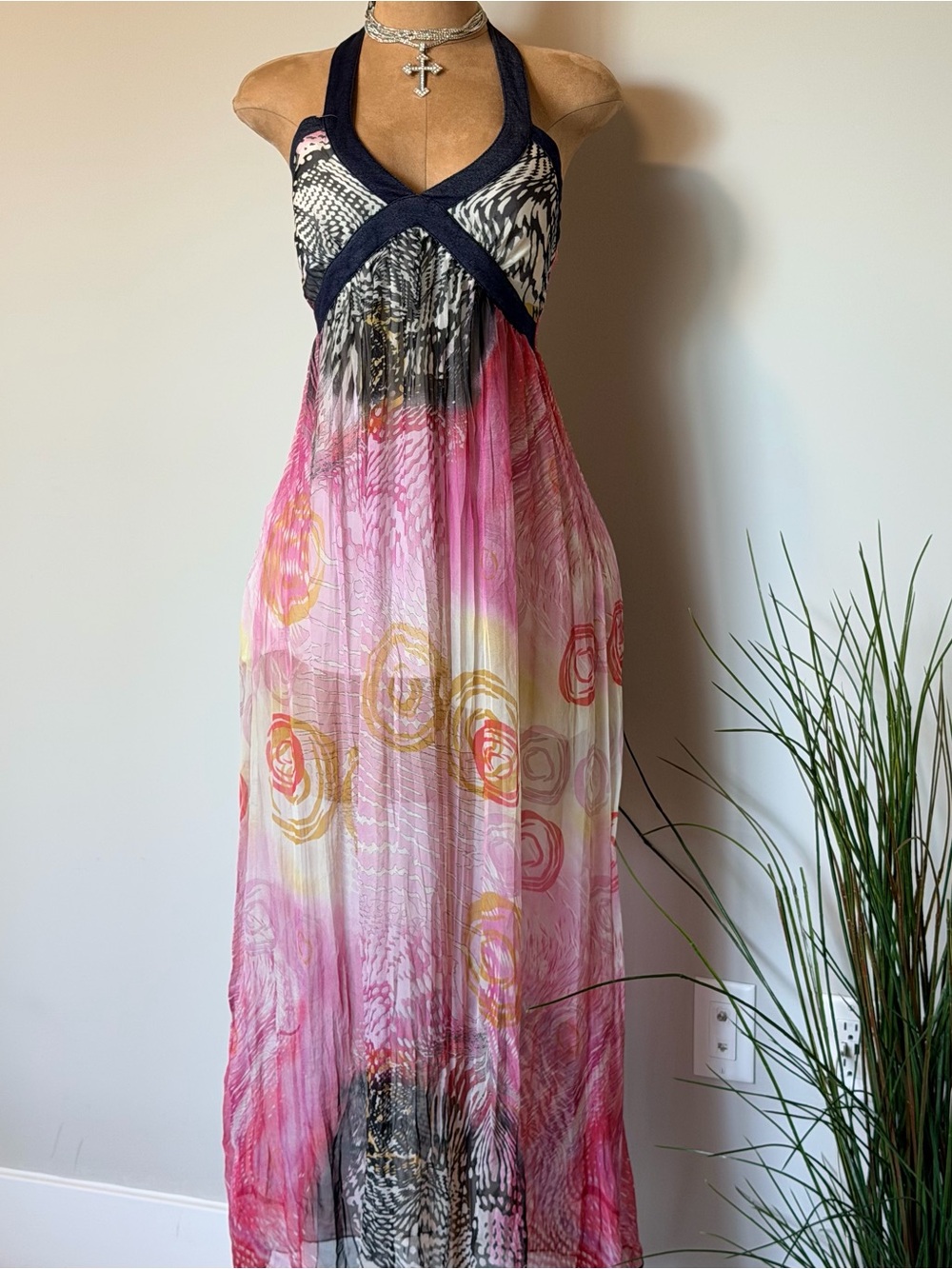 Halter Pink and Denim maxi dress